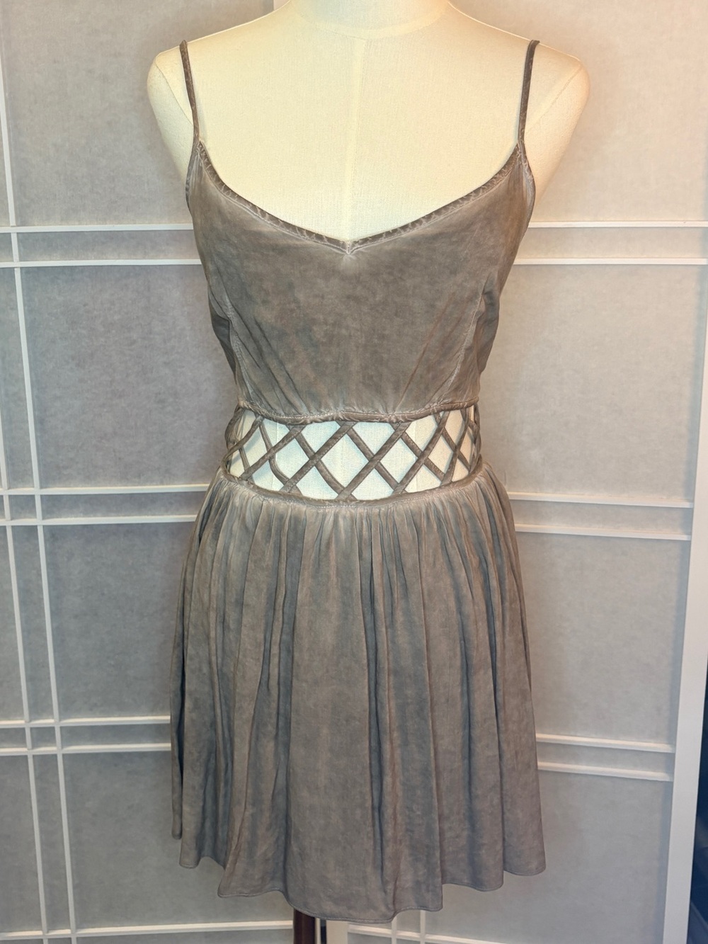 Spaghetti Strap Cutout Waist Mini Dress in Gray XS